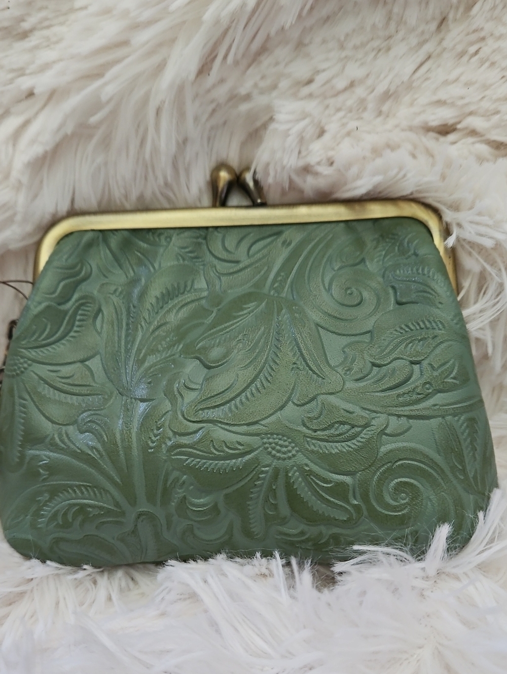 Patricia Nash Borse Burnished Tooled Leather Coin Purse Keychain Sage Green - Picture 3 of 7